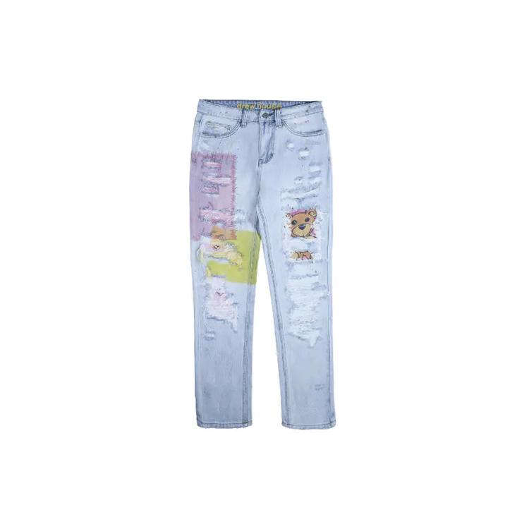 Drew House Smiley Collection Jeans Unisex Bleached Indigo Moderate Ripped Pants DR-SS20-013