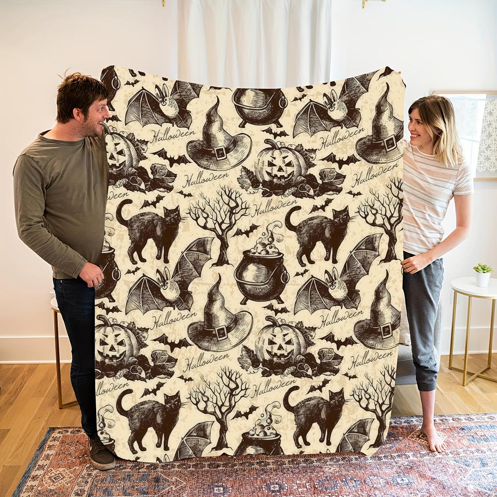 Halloween Vintage Flannel Fleece Blanket | Cozy All-Season Throw with Black Cat, Pumpkin, Bat & Witch Hat Designs Throw Blankets