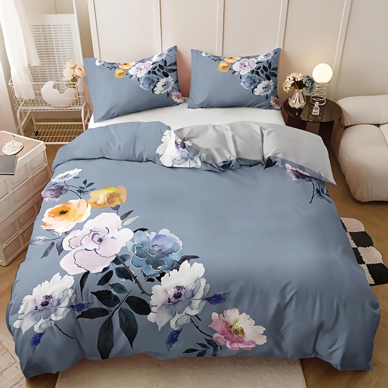 Floral Duvet Cover Set - 3PCS Elegant Flower Pattern, 100% Polyester Breathable Fabric, Machine Washable Christmas Gift