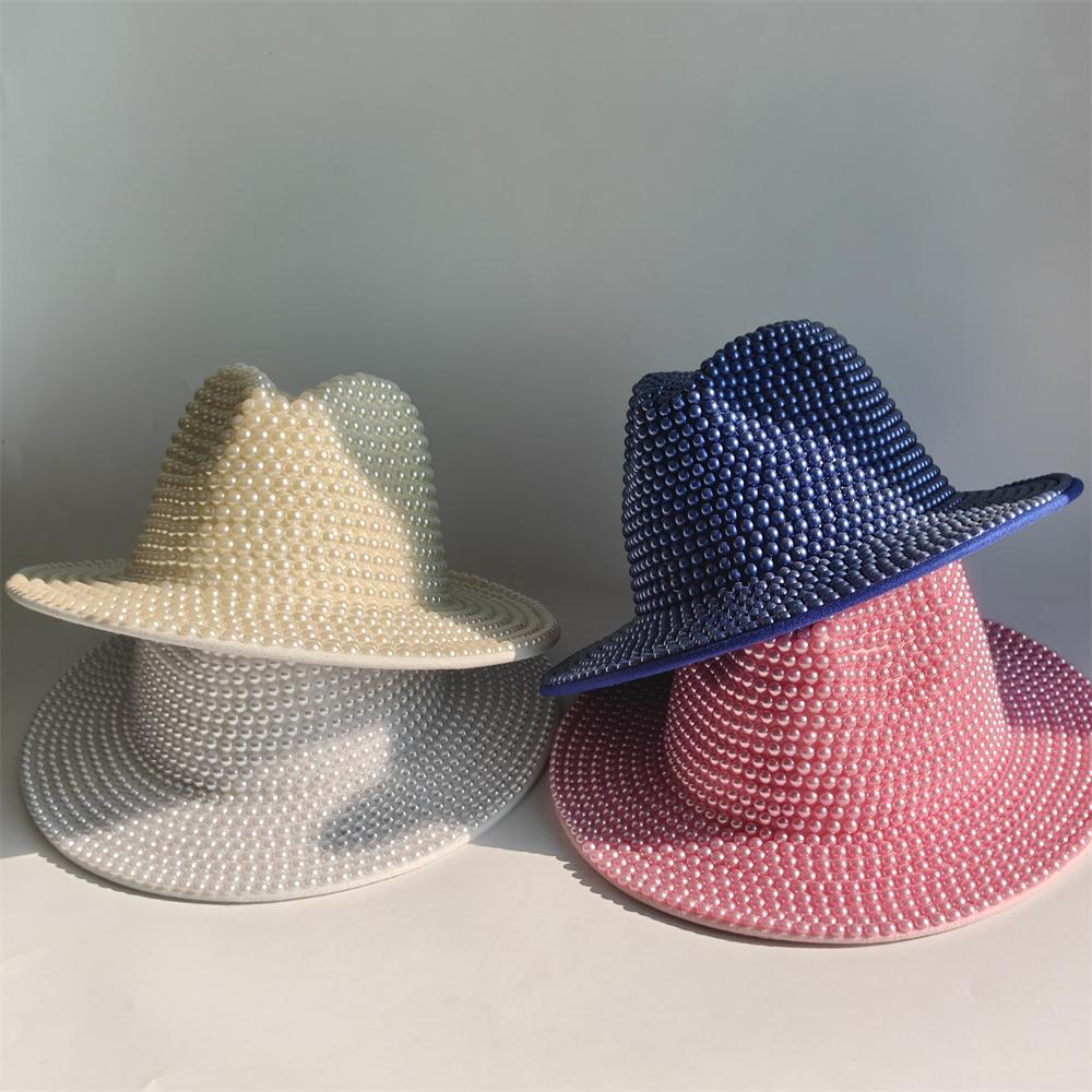 Blue/Beige Pearl Fedora Hat Bling Fedora Jazz Hats For Men And Women Handmade Advanced Fashion Outdoor Party Stage Hat