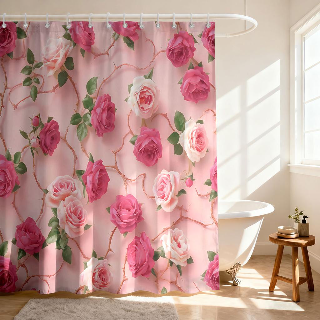 1pc Pink Rose Printed Waterproof Shower Curtain Partition Privacy Hanging Curtain with 12 Hooks Available in Multiple Sizes
