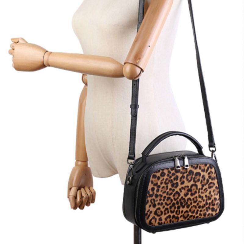 Johnature Fashion Leopard Pattern Women's Bag Genuine Leather Splice Horse Hair Handbag Versatile Shoulder Bags