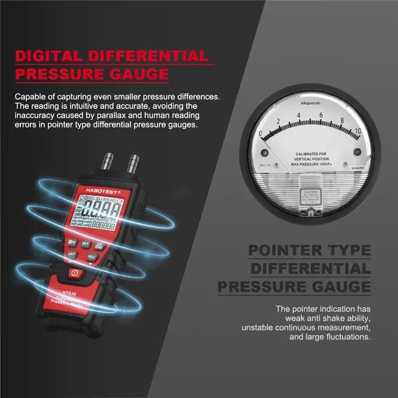 HT636 Digital Manometer Pressure Gauge Meter Handheld Pressure Differential Detector Air Pressure Kit Detector Meter 12 Unit
