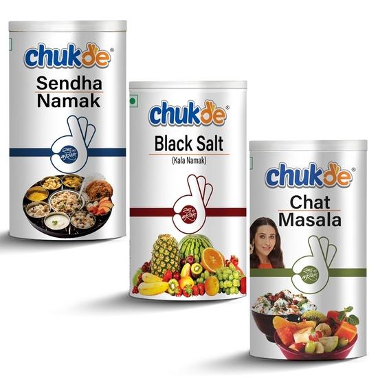 Chukde - Sendha Salt 100 Gm, Black Salt 200 Gm & Chat Masala 100 Gm - Indian Spices - Combo Pack