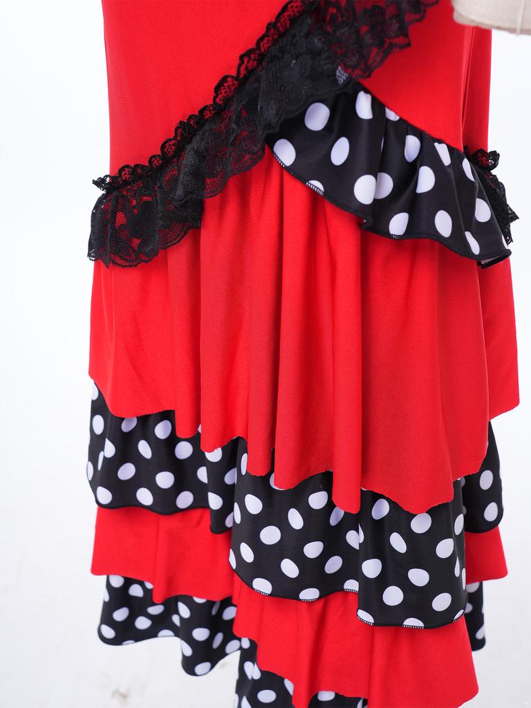 Girls V Neck Contrast Dots Tiered Ruffle Flamenco Dress Lace Trim 3/4 Sleeves Back Invisible Zipper for Performance Competition