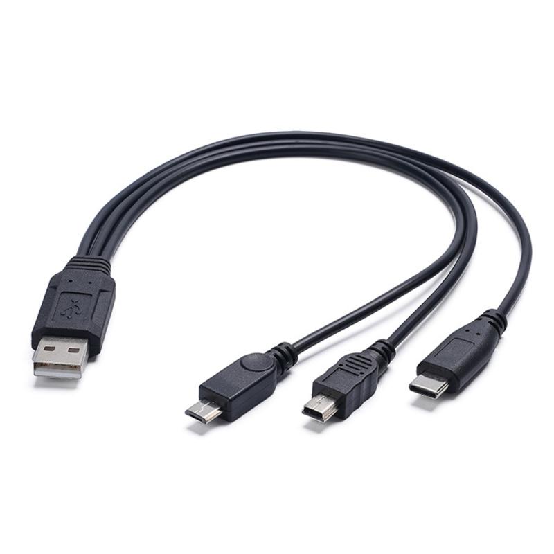 USB Charging Spliter Cable 3 in 1 Data Cord with Type C Tiny  USB & Mini 5P  Connectors 30cm Length for Fast Charging