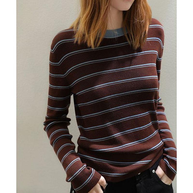 New Autumn Winter French Vintage Stripe Contrast Round Neck Slim Fit Versatile Age Reducing Westernized Women's Knitted Sweater