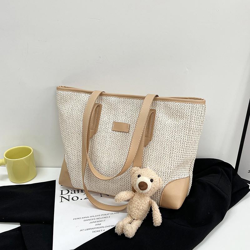 Large Capacity Canvas Tote Bag For Women With Charming Woven Design And Stylish Bear Motif