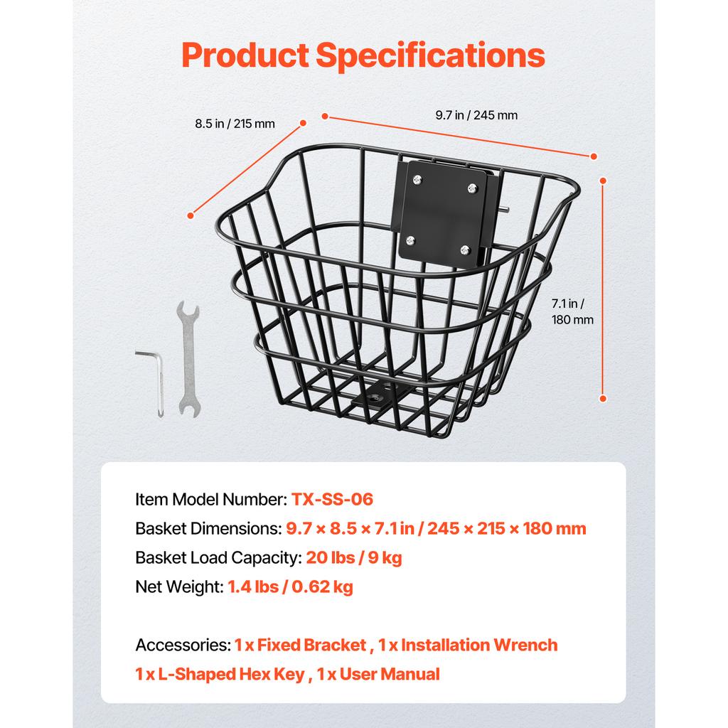 SucceBuy Front Bike Basket Electric Scooter Basket with Fixed Bracket - Max Bearing 20 lbs Kids Bike Basket/Adult Bicycle Basket