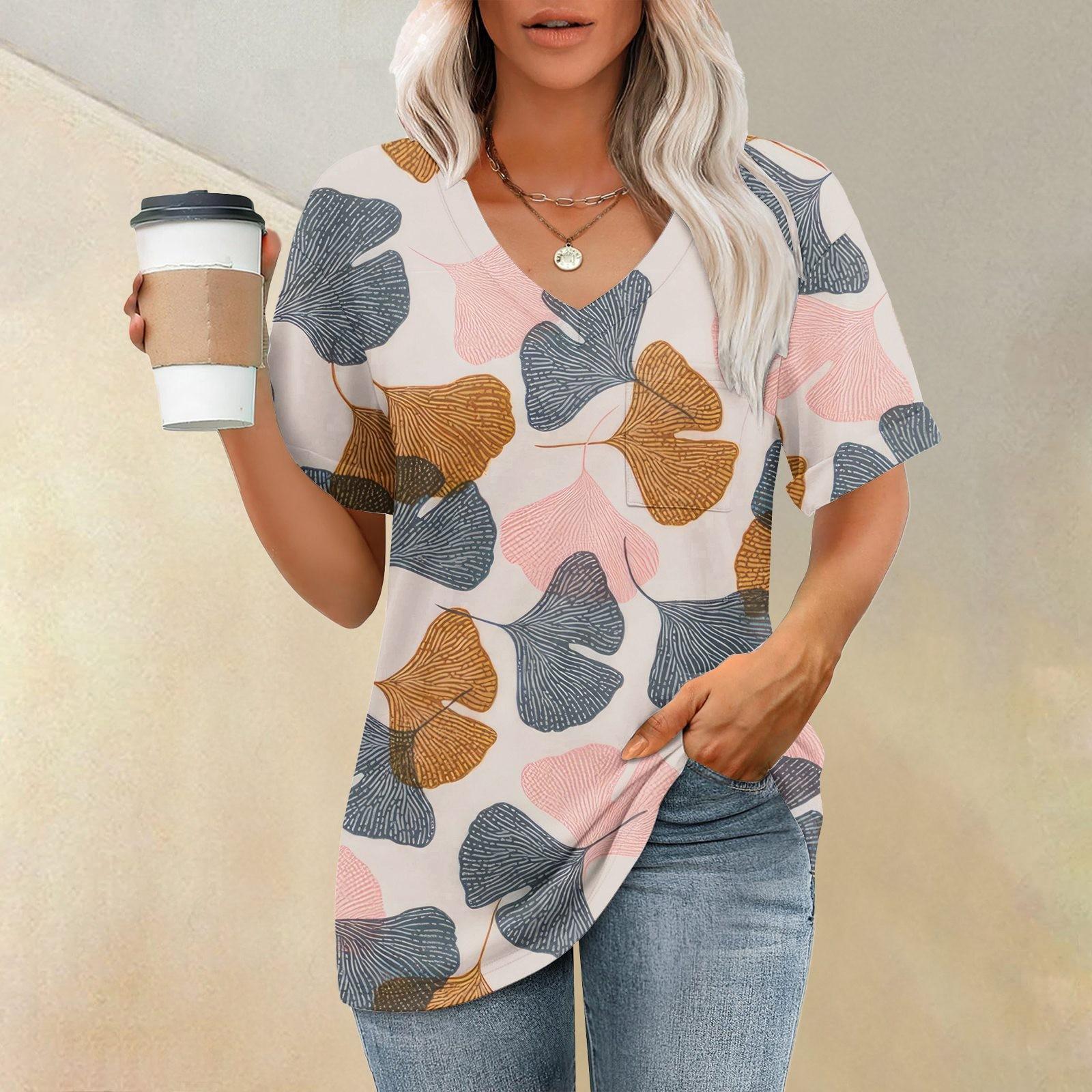 

Женские футболки с V-образным вырезом и коротким рукавом, летние топы, повседневные базовые футболки, модные L коричневый