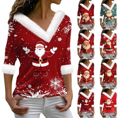 Damen T-Shirt Tee Weihnachtsshirt Langarm Party Weihnachtsdruck Fleecekragen V-Ausschnitt Top