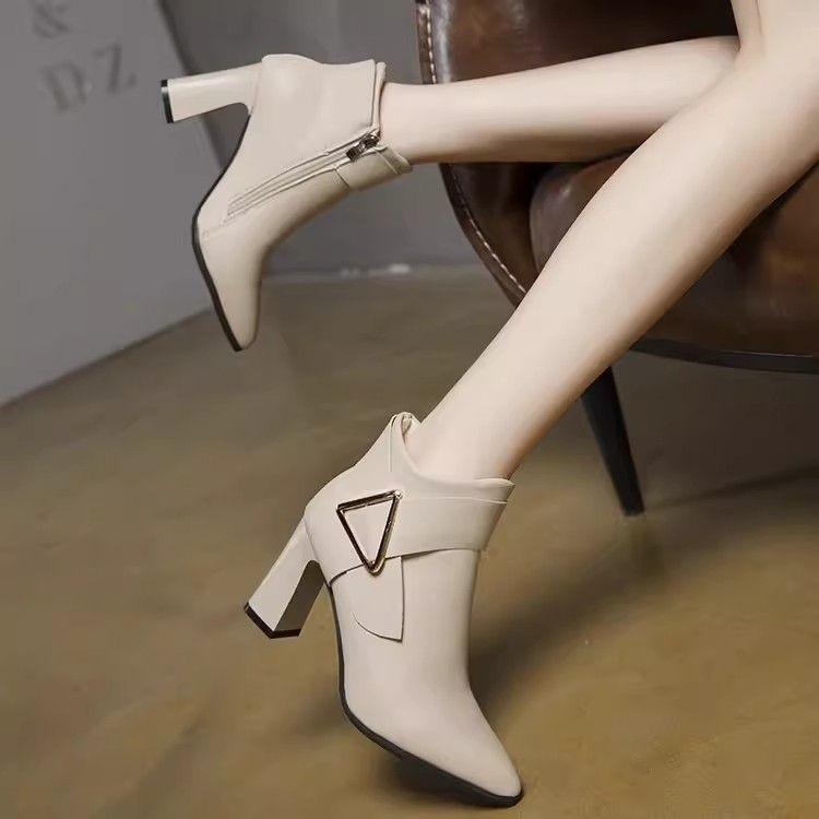 French exquisite denim high-heeled light-mouth boots 's trend versatile high-heeled velvet short boots are popular