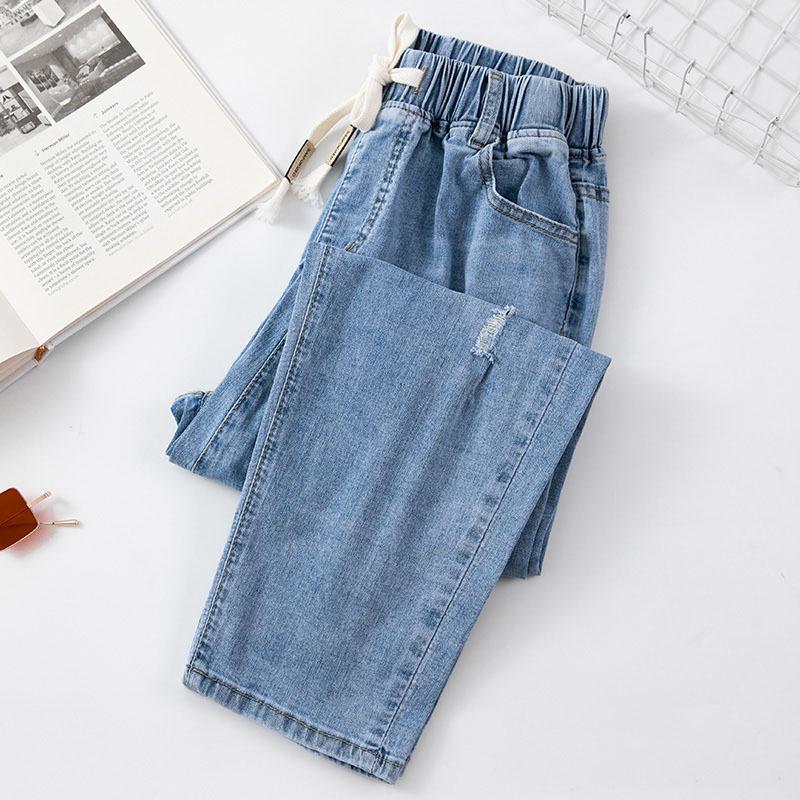 

Летние женские джинсы гаремы больших размеров с рваным эффектом – модная шнуровка, эластичная талия, укороченные стрейчевые брюки. 2XL (Weight 140-160 lbs)