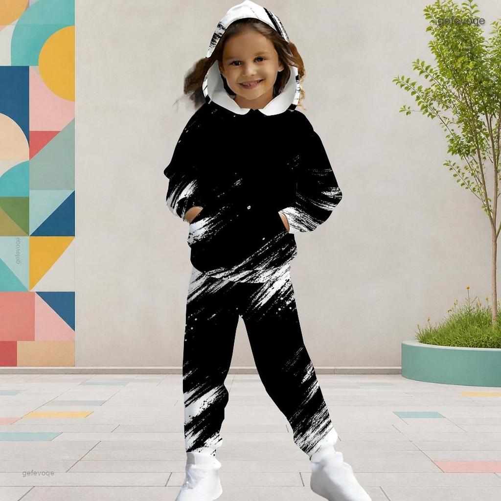 Girls Hooded Long Sleeve Black White Printed Two Piece Set Kangaroo Pocket Cuffed Pants