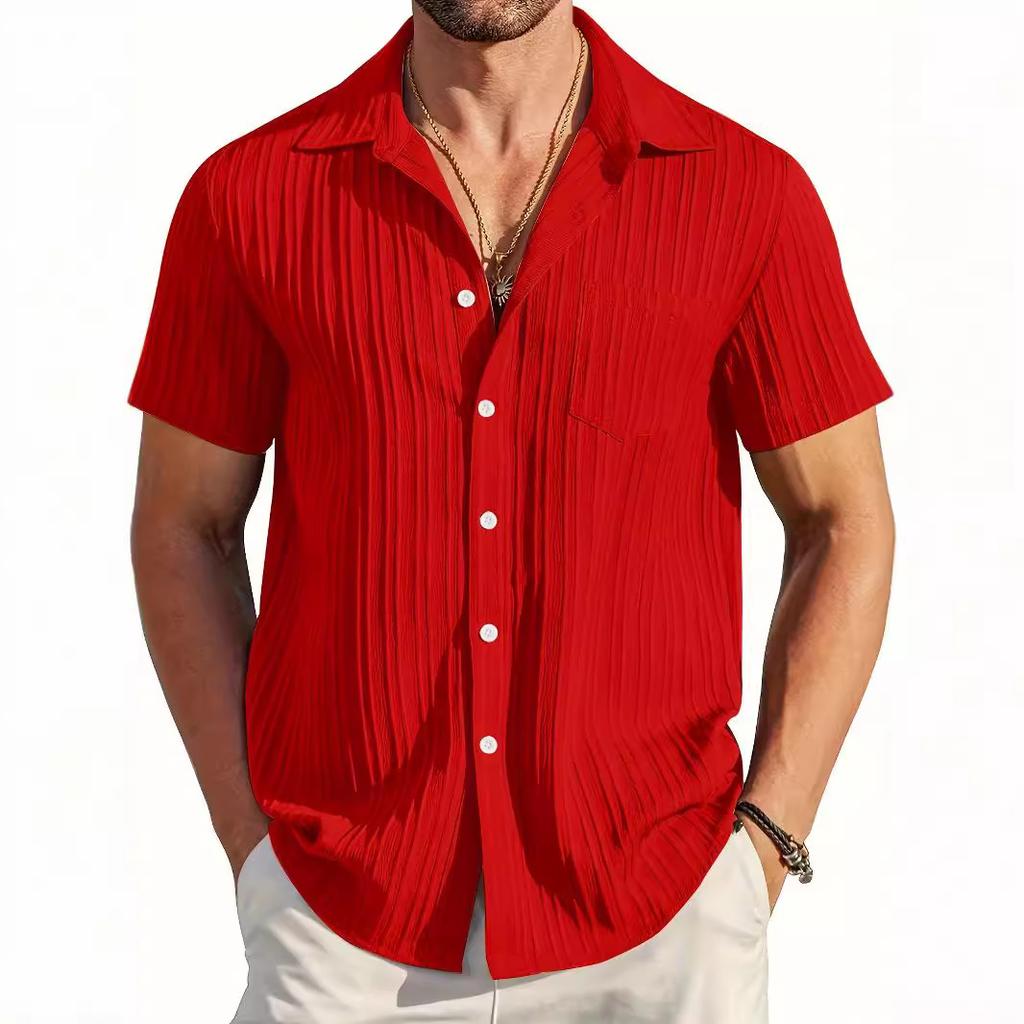 Men's Casual Button Down Shirts with Pocket Short Sleeve Textured Summer Holiday Beach Wedding Shirt