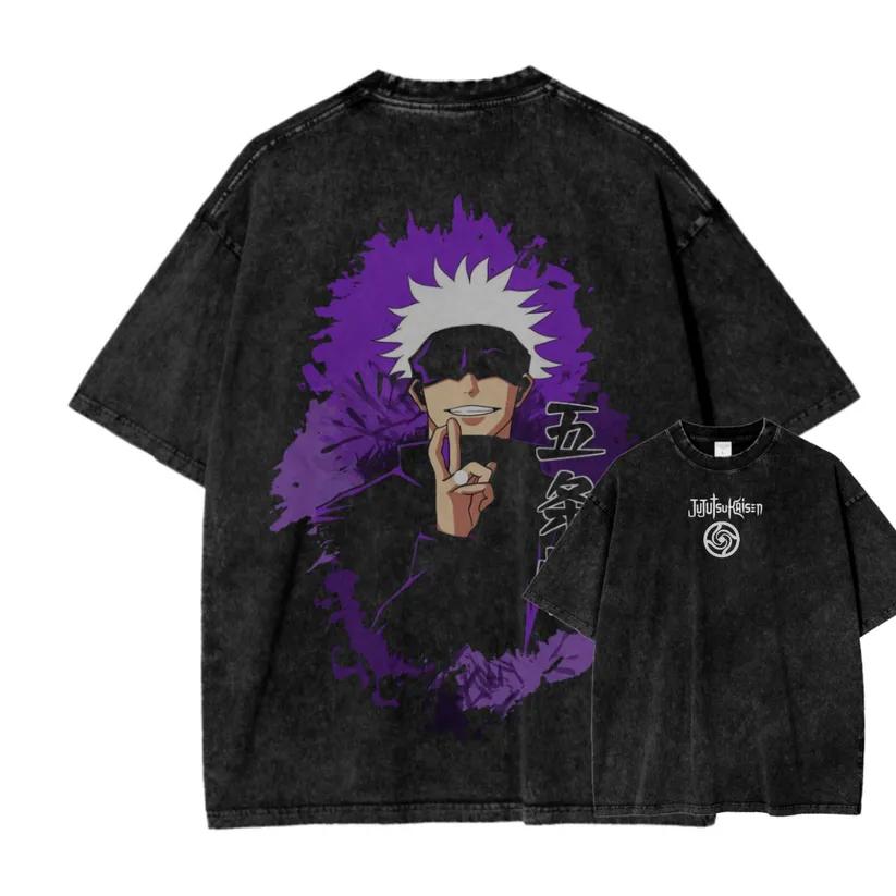 Jujutsu Kaisen Gojo T Shirt Hollow Purple Graphic Men Acid Wash Oversized Streetwear Anime Satoru Cotton Vintage Top Tee M