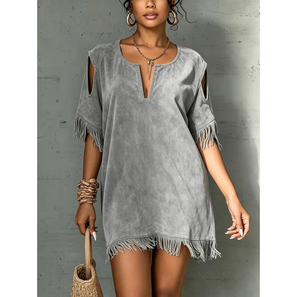 Women's V Neck Cold Shoulder Fringe Trim Solid Suede Loose Short Casual Dress