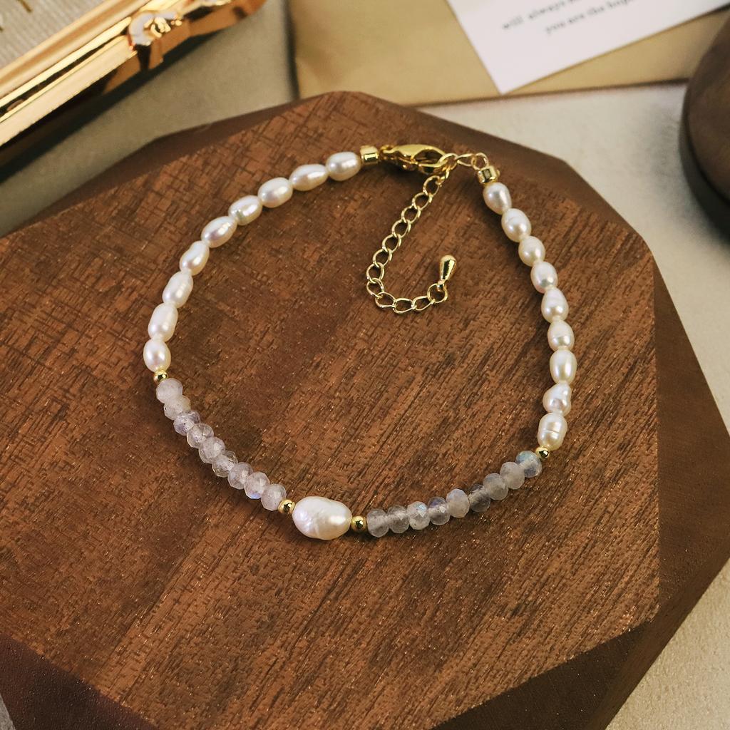 Natural Freshwater Pearl Moonstone Beaded Adjustable Bracelet for Women Daily Office Wedding Pearl Bracelet Dainty Jewelry