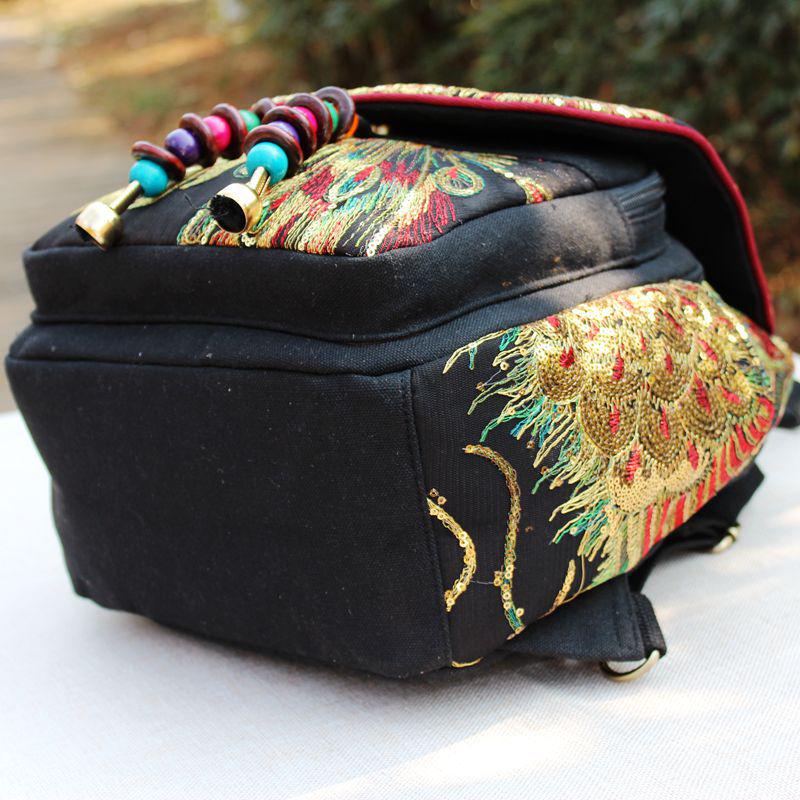 Ethnic Embroidered Women's Backpack with Sequins and Phoenix Peony Design