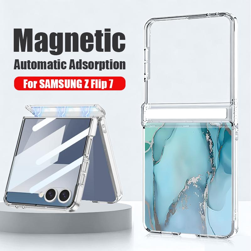 Ink Wash Marble Printed Magnetic Clear Phone Case For Samsung Galaxy Z Flip7 FE Flip6 Flip5 Flip7 6 5 Transparent Hard PC Cover