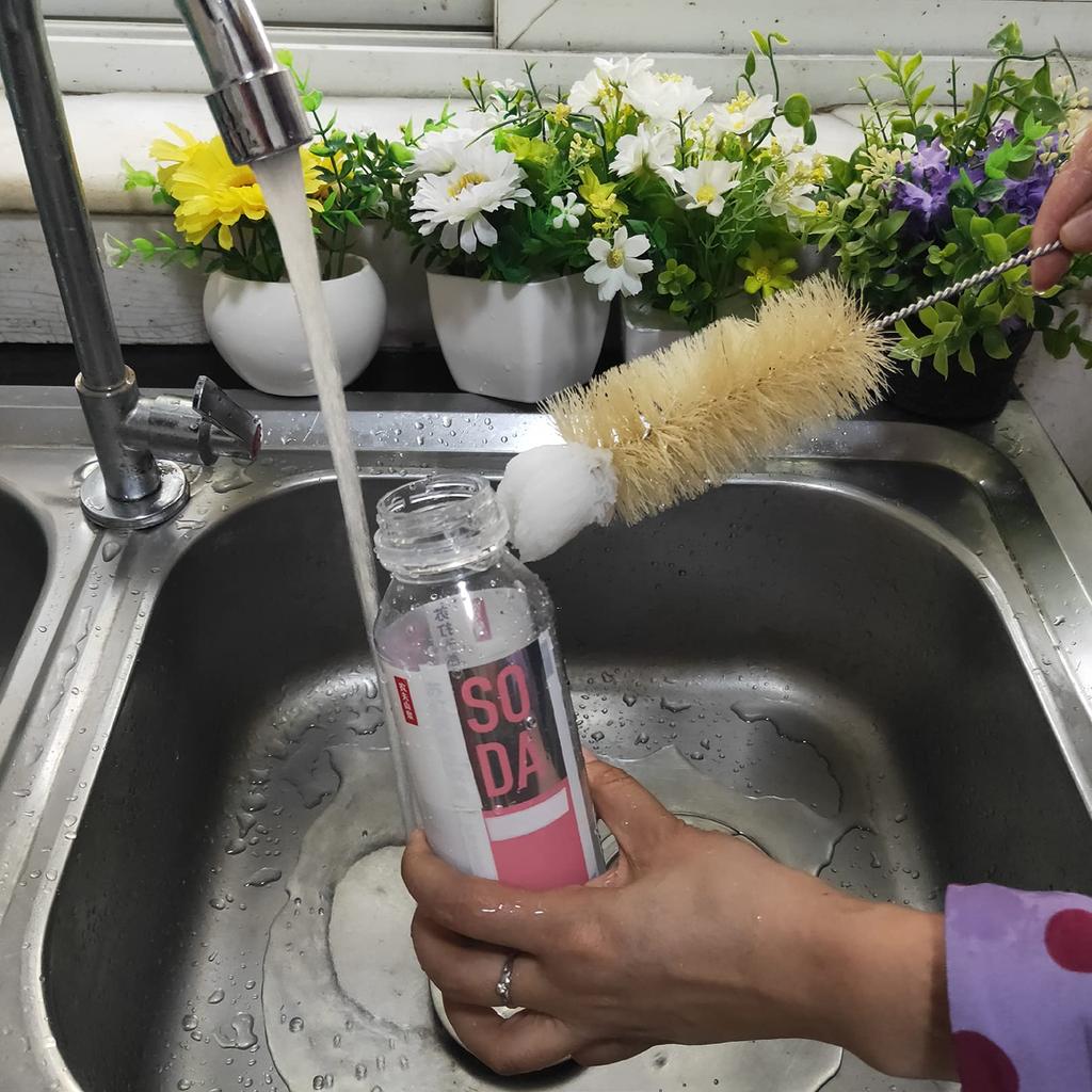 Coralpearl Stainless Steel Bottle Cleaning Brush with Natural Pig Bristle Wool Utility Soda Bottle Cleaning Brush Bottle Washing Brush Long Handle