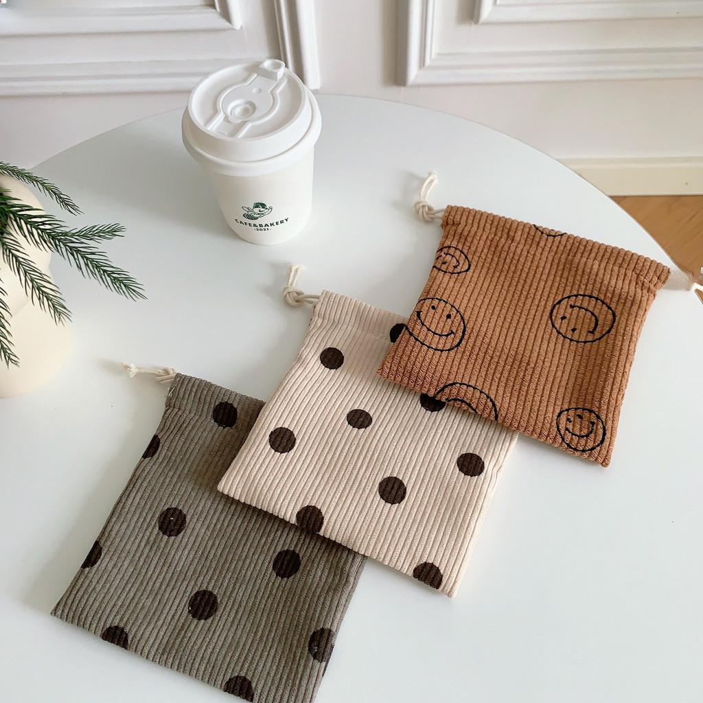 Vintage Corduroy Drawstring Cosmetic Bag Adorable Smiley Face Organizer Pouch