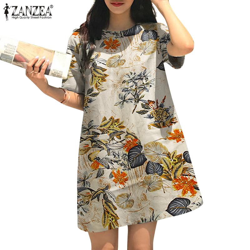 

ZANZEA Женское повседневное летнее платье с короткими рукавами и круглым вырезом с цветочным принтом
