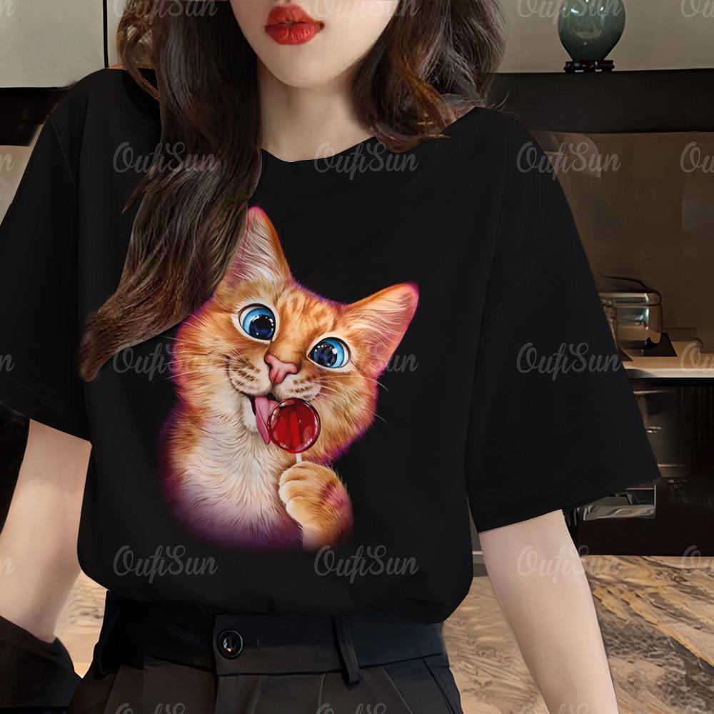 Women's cat printed T-shirt, Korean dress, short sleeved shirt, plus size