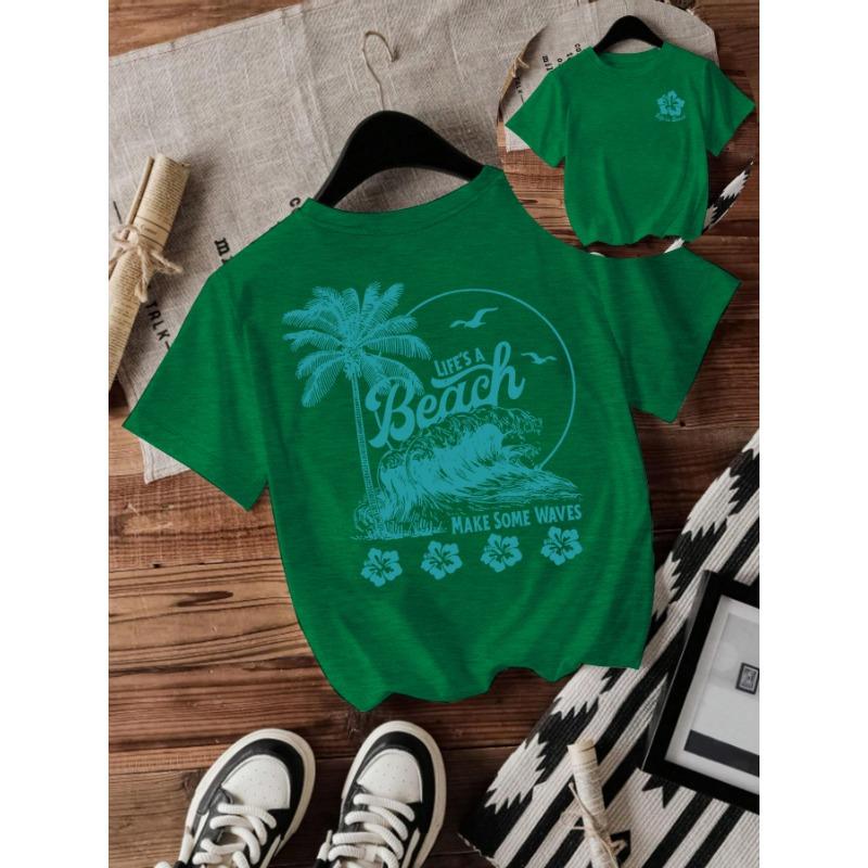 Modisches Rundhals-T-Shirt mit Strand- und Wellenprint und lockeren kurzen Ärmeln