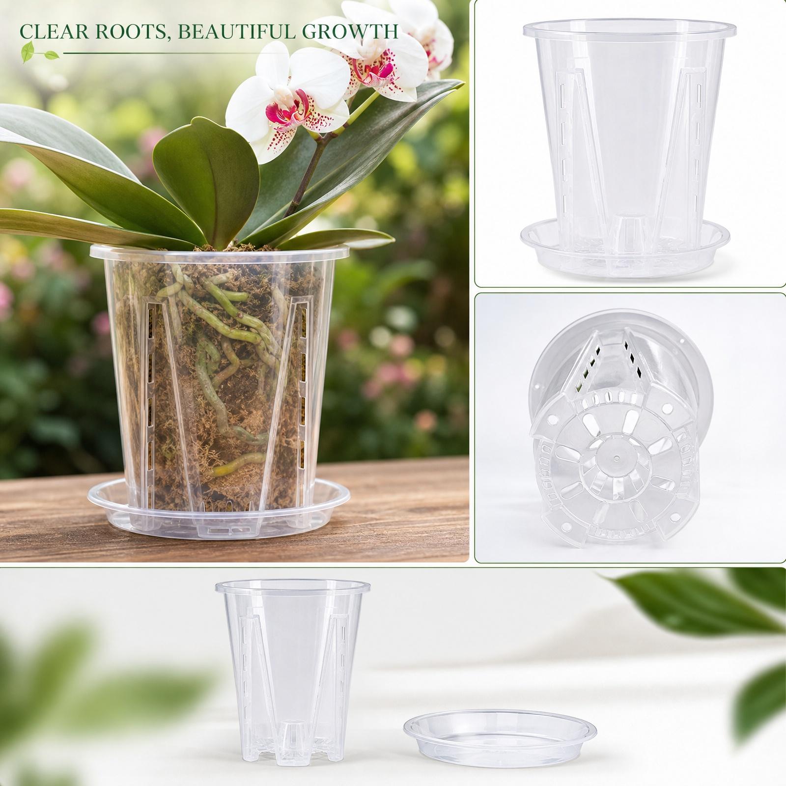 Transparent Plastic Orchid Pot with Drainage Holes and Tray Root Control Pot for Moss Plants Visible Root Growth and Air Circulation 14cm Diameter one size