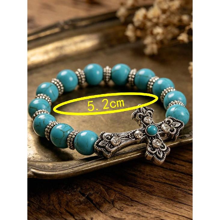 1pc Vintage Western Style Cross & Turquoise Beaded Bracelet, Bohemian Elastic Wristband
