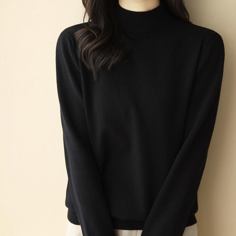 Sweter w kolorze wina damski jednolity kolor długi rękaw ciepły dzianinowy luźny półgolf pulower na jesień i zimę