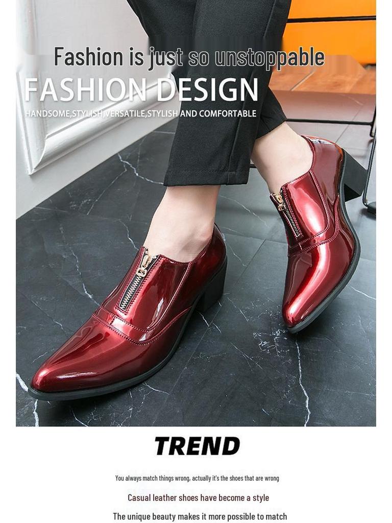 Men's Cross-Border Shiny Leather Dress Shoes - Pointed, Chunky Heel, Height Increasing, Zippered for Spring & Autumn