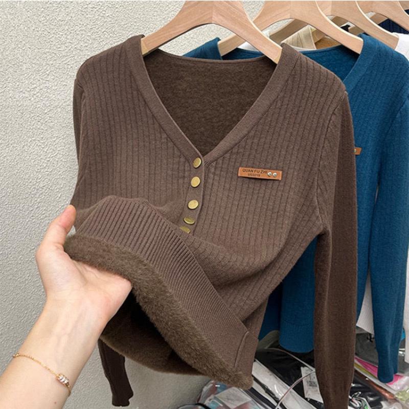 Fashion Plus Velvet Padded Sweater All Match Casual Knit Bottoming Shirt Women Autumn Winter Elegant Slim V-neck Tops