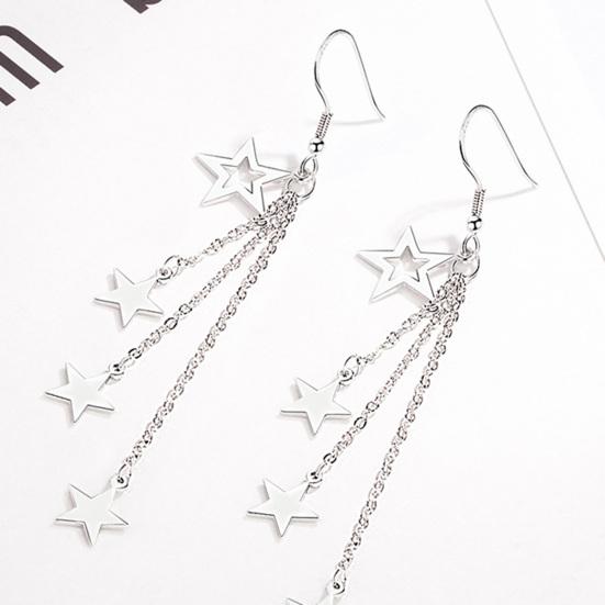 Woman Glittering Star Mid-length Hook Alloy Long Tassels Drop Dangle Cocktail Party Linear Earrings