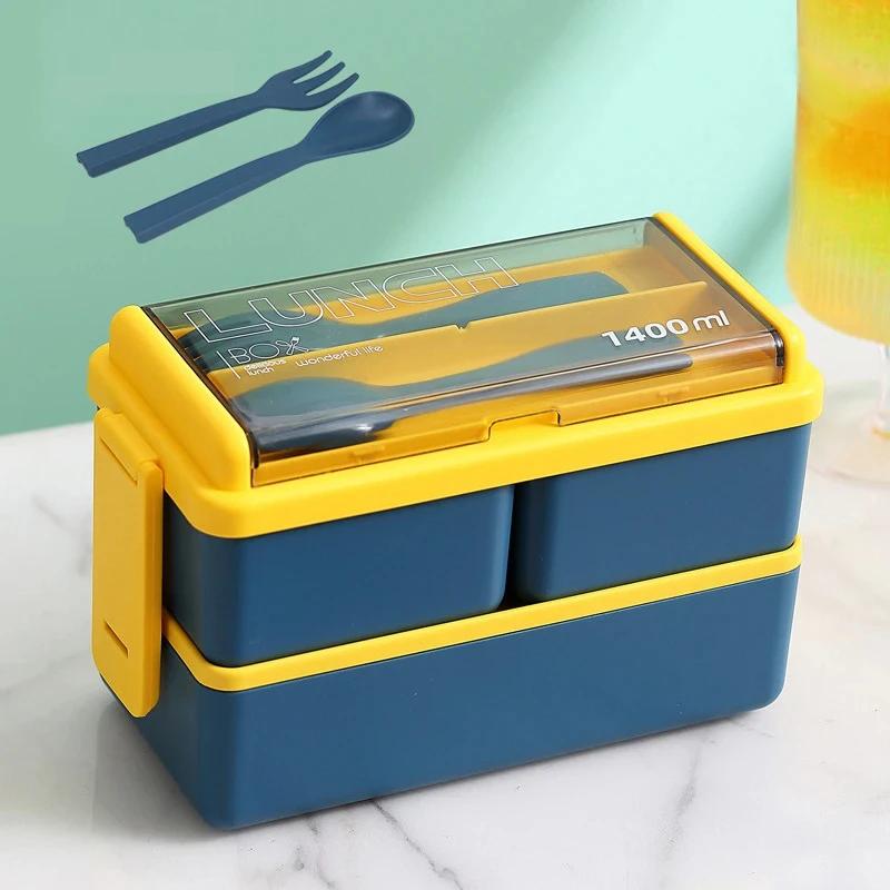 2 Layer Portable Leakproof Snack Lunch Bento Box Kid Student Microwave Dinnerware Fork Spoon Set Food Storage Container Office