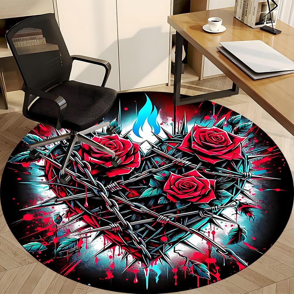 1 buc. Covor rotund pentru birou cu trandafiri din sârmă ghimpată, Antiderapant, Moale și Durabil, Covor de birou pentru Decorarea Interioară, Perfect pentru Birou