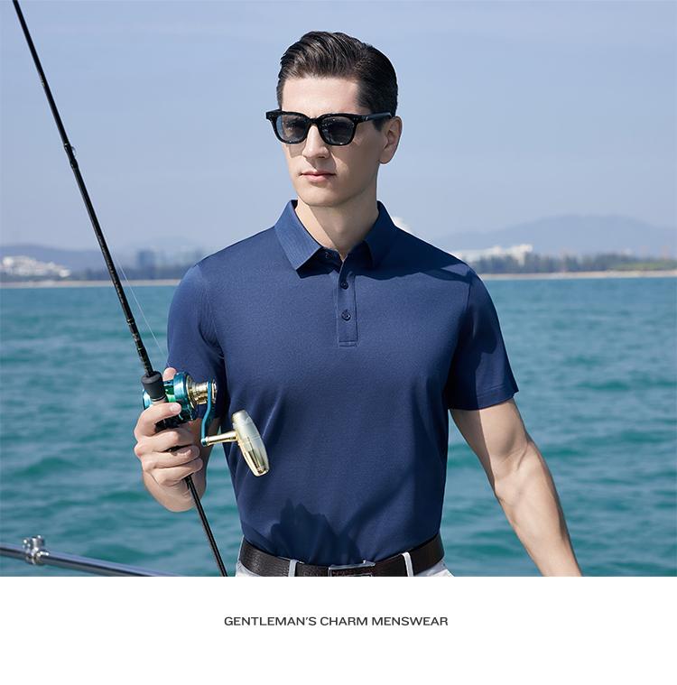 Huamao Cooling Fiber Men's Solid Color Short-Sleeved Polo Shirt with Mulberry Silk