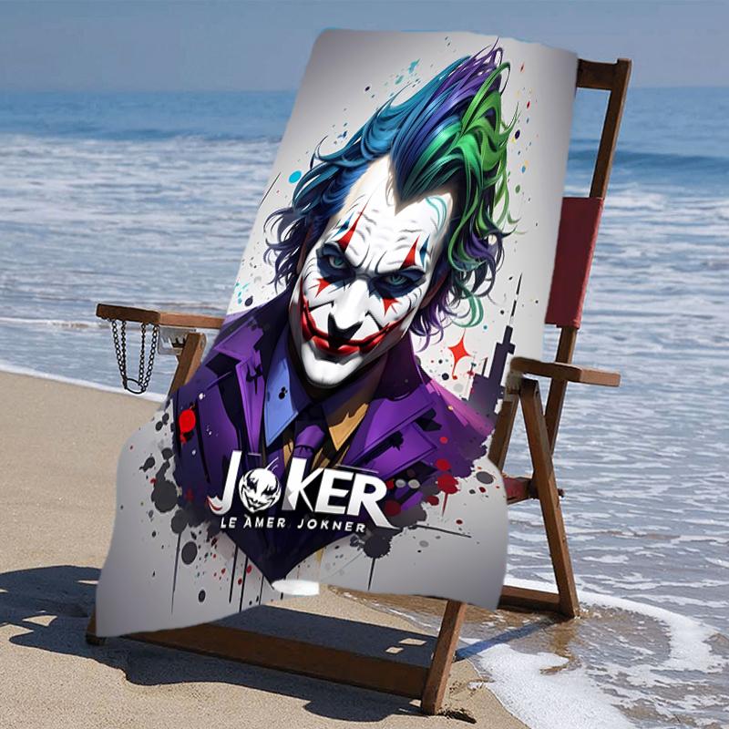 proof beach towel with a Joker character pattern - soft,absorbent,quick-drying,machine washable - perfect for swimming,camping,bathing