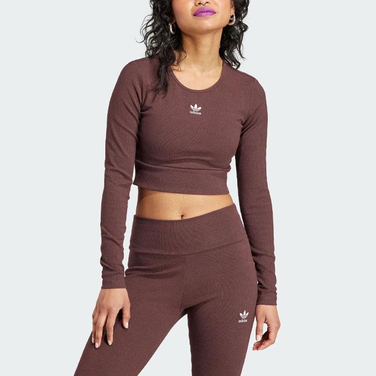 Adidas Originals Essentials Žebrované tričko s dlouhým rukávem Dámské topy Tmavě šedohnědé IJ5385