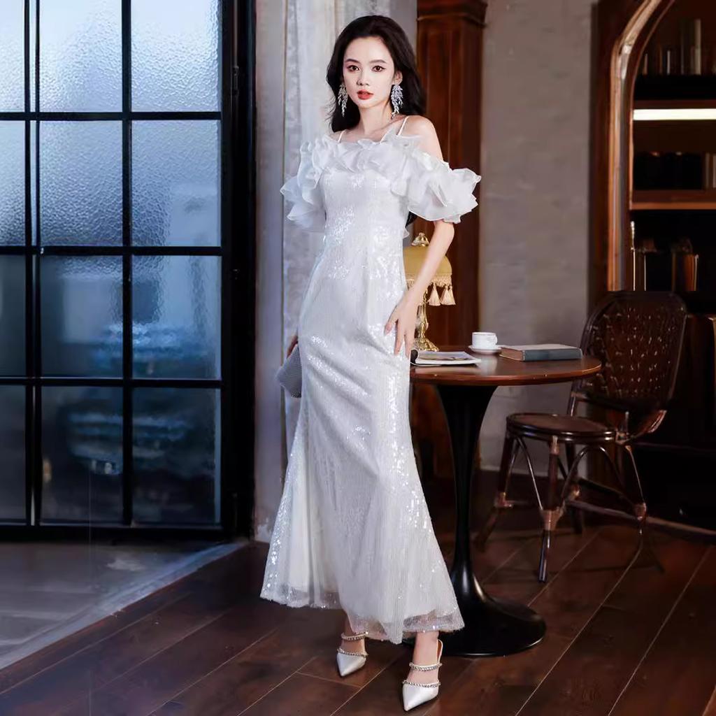 Sequined Evening Dress Skirt One-word Shoulder Fairy High-end Light Luxury Niche Host Banquet Adult Ceremony Dress