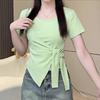Design Sense Split Strap Waist Short Sleeve T-Shirt Women's Summer New Fashion Foreign Style Slim Skinny Top