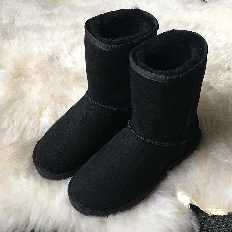 Australië Klassieke Mid-kuit Dames Sneeuwschoenen Echt Schapenvacht Leer Natuurlijke Wol Gevoerd Winter Warm Antislip Rubberen Schoenen 36