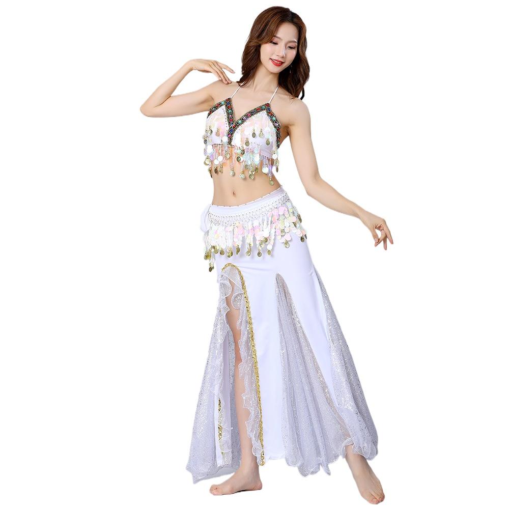 Bauchtanz Set für Damen Bühnenoutfit Sexy Quasten BH Pailletten-Hüftkette Chiffonrock 3-teilig Bauchtanz Performance Kostüm