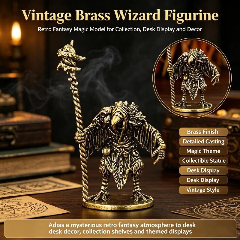 Brass Crow Mage Mini Figurine Portable Tiny Brass Statue for Tabletop RPG Home Office Decor Collectible Gift for Gamers