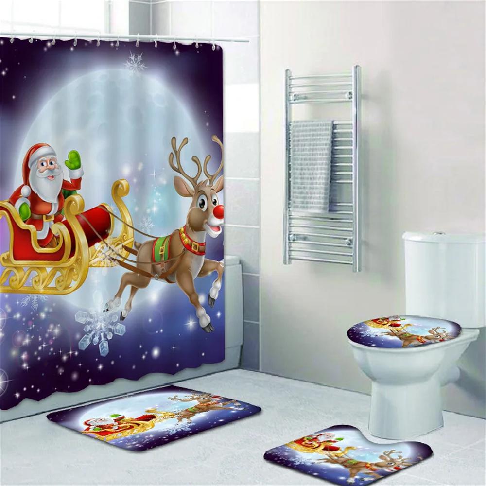 4pcs Merry Christmas Shower Curtain Polyester Shower Curtain Pedestal Rug Set Bathroom Decor Waterproof Curtain