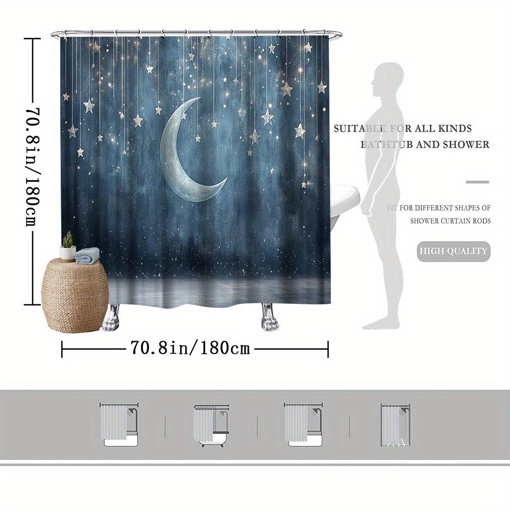 Night Sky Shower Curtain - Crescent Moon & Twinkling Stars, Blue & Grey Polyester, Fade-Resistant, Starry Bathroom Decor
