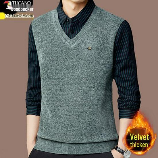 Woodpecker Men's Fleece-Lined Two-Piece Chenille Sweater with Shirt Collar