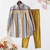 2 unids/set solapa manga larga un solo pecho bolsillos de talle medio traje Casual camisa con estampado a rayas conjunto de pantalones de Color sólido