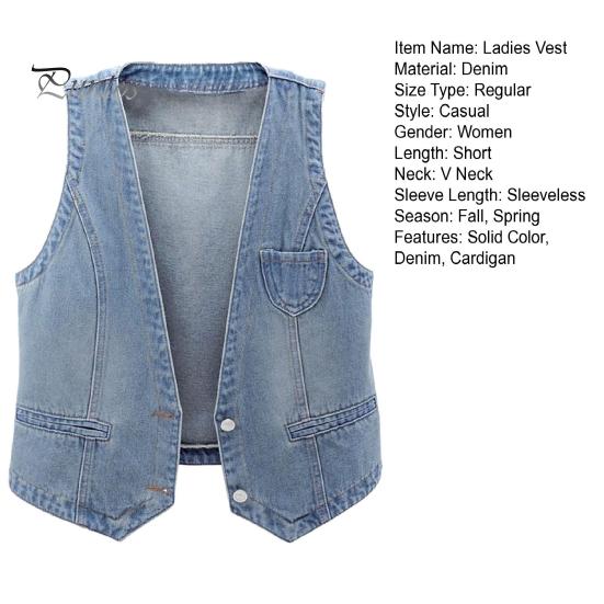 Retro Waistcoat Ladies Denim Vest Sleeveless Loose V Neck Double Buttons Solid Color Breathable Vintage Firm Stitching Hip Hop Streetwear Lady
